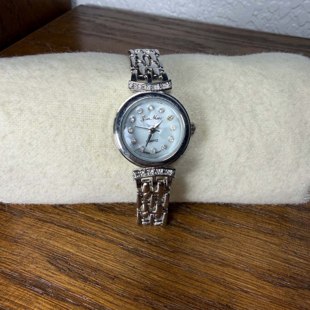 JEAN MARC Ladies Silver Quartz Watch, Pearl Face & Crystal Accents, New Battery